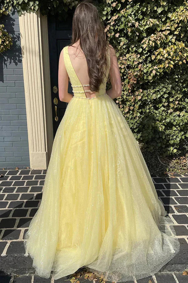 Vestido de fiesta formal largo de tul con cuentas y purpurina en forma de A